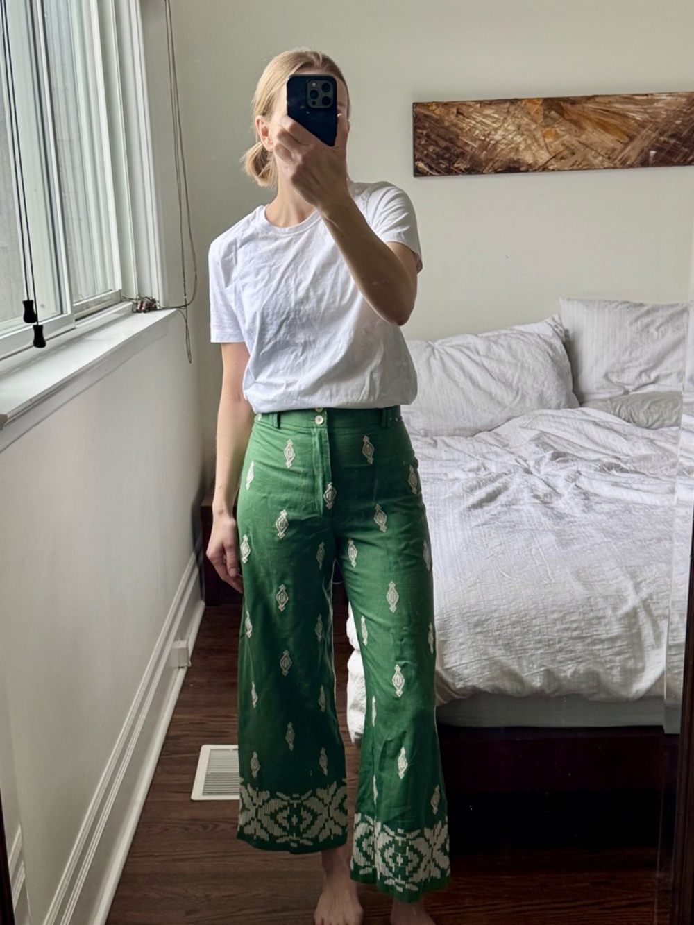 Zara Green Wide-Leg embroidered pants, XS